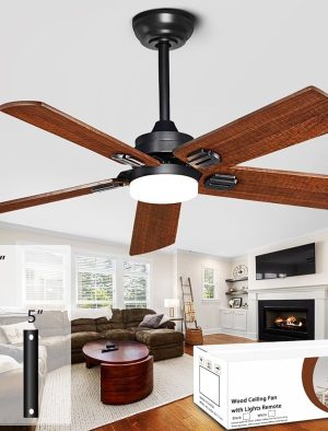 VENTILADOR DE TECHO 42" CON LED 15W NEGRO CON ASPAS COLOR MADERA OSCURO C/CONTROL