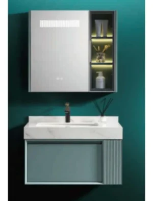 MUEBLE DE BANO AZUL CON ESPEJO LED TOPE DE PIEDRA 80X47cm MF-5673